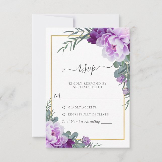 Elegant Purple & Gold Floral Eucalyptus Wedding RSVP Card (Front)