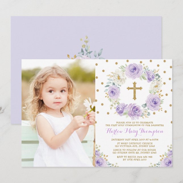 Elegant Purple Gold Floral First Communion Baptism Invitation (Front/Back)