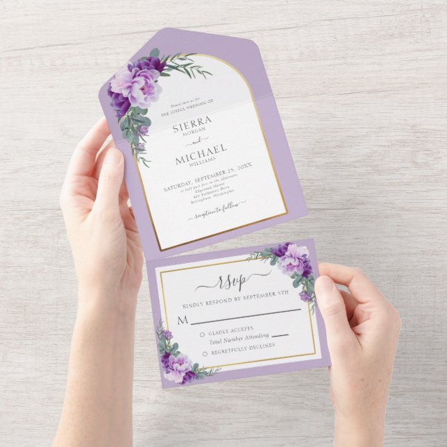 Elegant Purple Gold Floral Foliage Wedding Arch All In One Invitation (Tearaway)