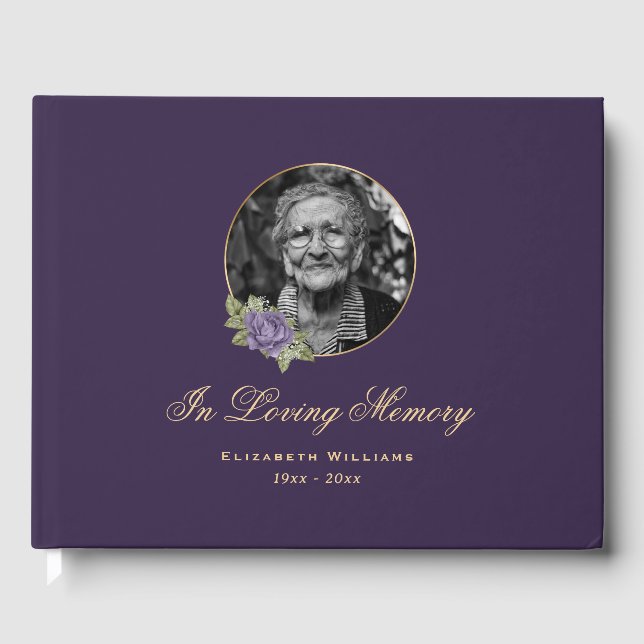 Elegant Purple Gold Floral Funeral Photo Guest Book (Front)