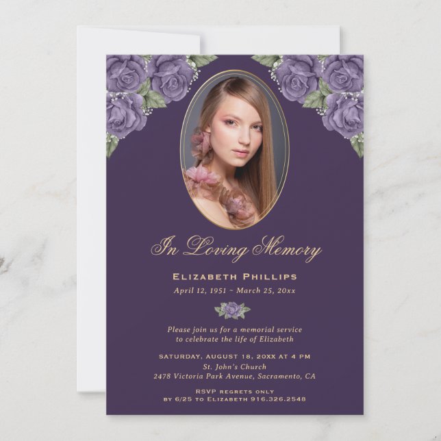 Elegant Purple Gold Floral Photo Memorial Service Invitation (Front)