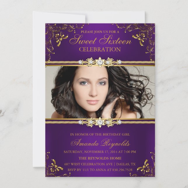 Elegant Purple & Gold Floral Sweet Sixteen Invite (Front)