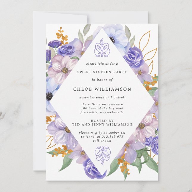 Elegant Purple Gold Floral Sweet Sixteen Party Invitation (Front)