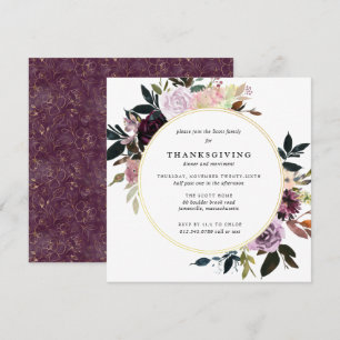 Elegant Purple Gold Floral Thanksgiving Dinner Invitation
