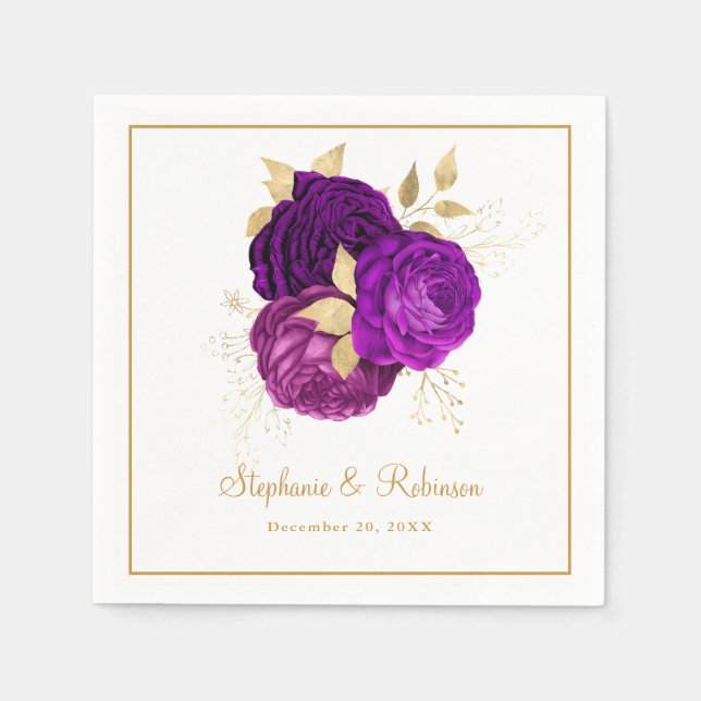 Elegant Purple Gold Floral Wedding Paper Napkin (Front)