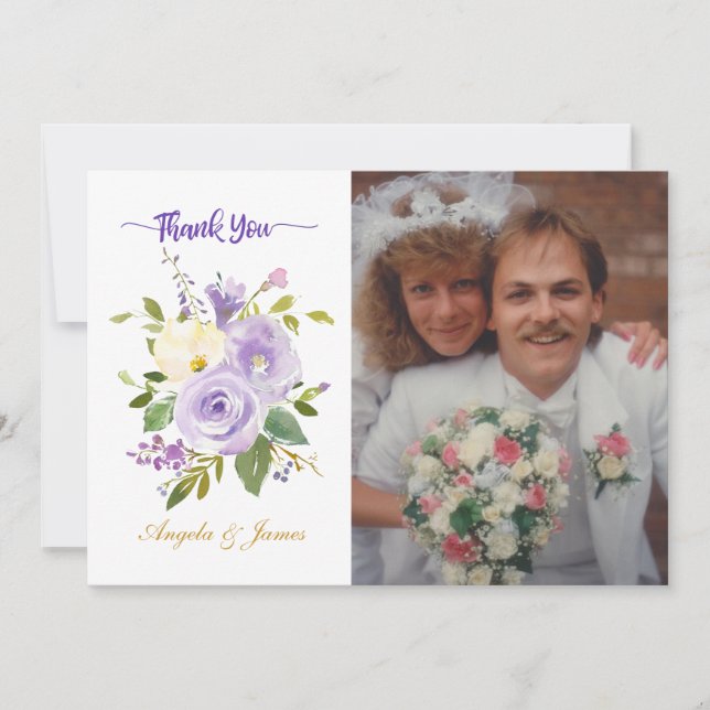 Elegant Purple Gold Floral Wedding Photo Thank You Card (Front)