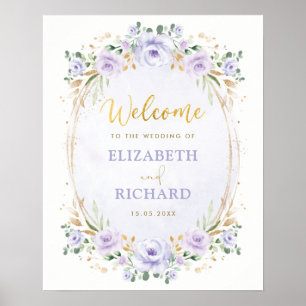Elegant Purple Gold Floral Wedding Welcome Poster