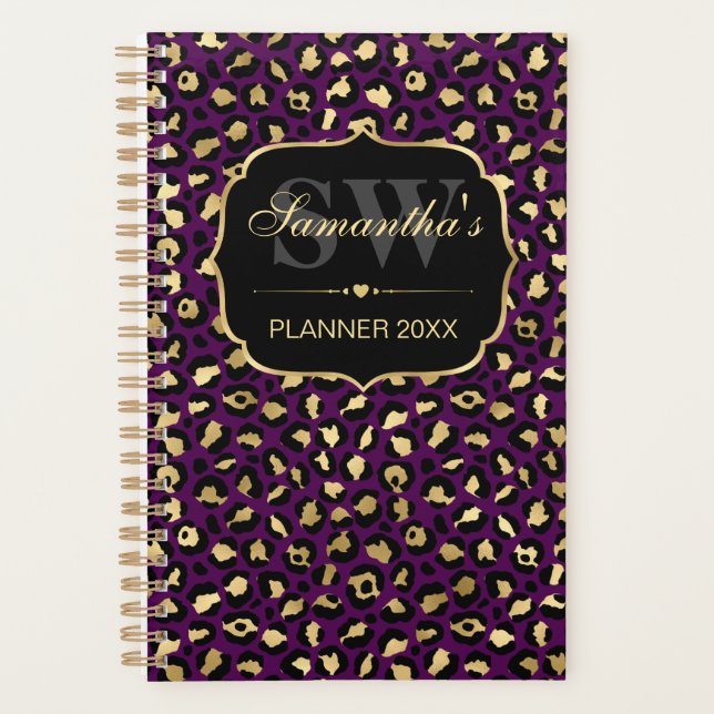Elegant Purple & Gold Foil Leopard Spots Monogram Planner (Front)