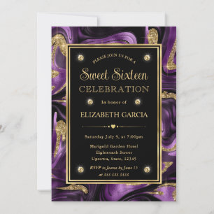 Elegant Purple Gold Foil Marble Sweet Sixteen Invitation
