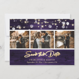 Elegant Purple Gold Foil Wood Wedding Photo Save The Date