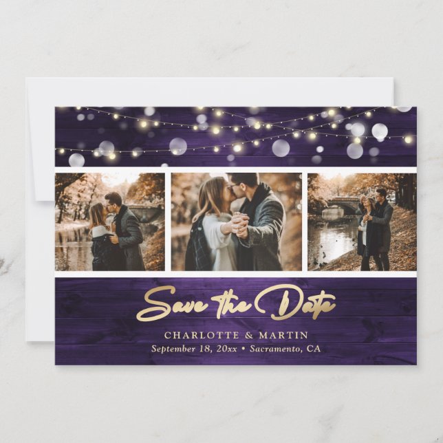 Elegant Purple Gold Foil Wood Wedding Photo Save The Date (Front)