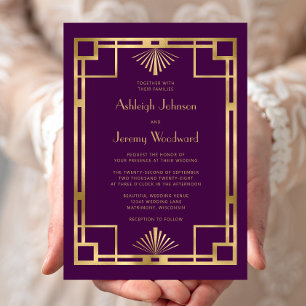 Elegant Purple Gold Geo Vintage 1920s Deco Wedding Invitation