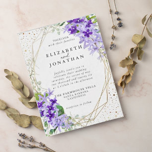 Elegant Purple Gold Geometric Flowers Wedding  Invitation