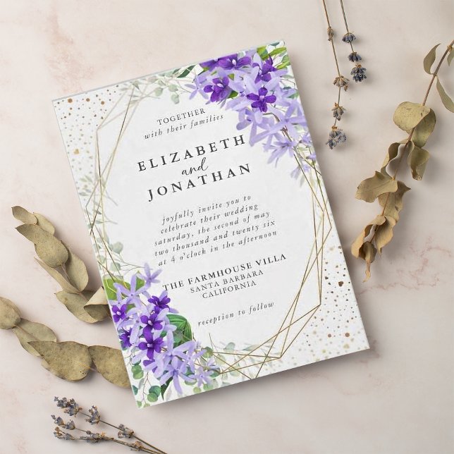 Elegant Purple Gold Geometric Flowers Wedding  Invitation (Creator Uploaded)