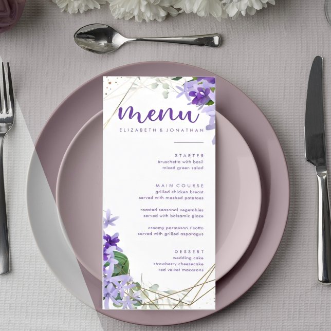 Elegant Purple Gold Geometric Flowers Wedding  Menu (Creator Uploaded)