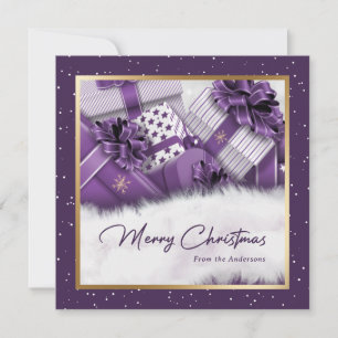 Elegant Purple Gold Gifts Snow Christmas Cards