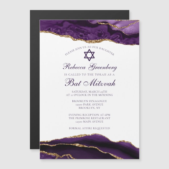 Elegant Purple Gold Glam Bat Mitzvah Party Magnetic Invitation (Front/Back)