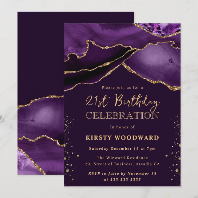 Elegant Purple & Gold Glitter Agate 21st Birthday Invitation (Front/Back)
