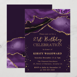 Elegant Purple & Gold Glitter Agate 21st Birthday Invitation