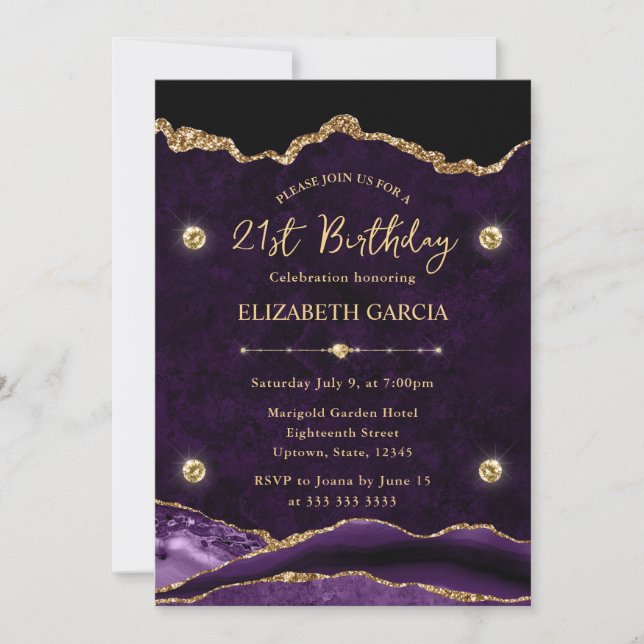 Elegant Purple & Gold Glitter Agate 21st Birthday Invitation (Front)