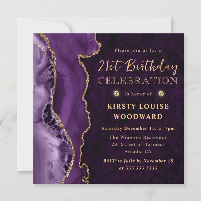 Elegant Purple & Gold Glitter Agate 21st Birthday Invitation (Front)