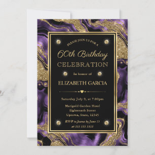 Elegant Purple & Gold Glitter Agate 60th Birthday Invitation