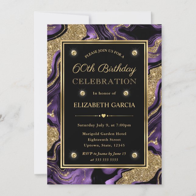 Elegant Purple & Gold Glitter Agate 60th Birthday Invitation (Front)