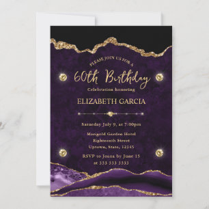 Elegant Purple & Gold Glitter Agate 60th Birthday Invitation