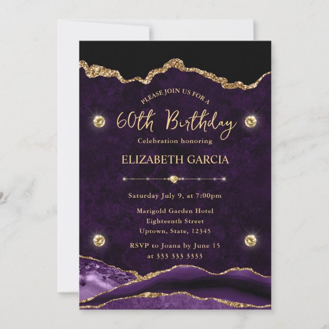 Elegant Purple & Gold Glitter Agate 60th Birthday Invitation (Front)