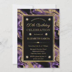 Elegant Purple & Gold Glitter Agate 60th Birthday Invitation