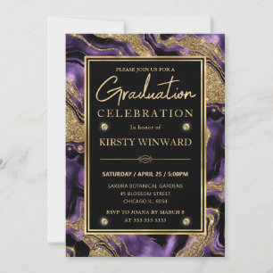 Elegant Purple & Gold Glitter Agate Graduation Invitation