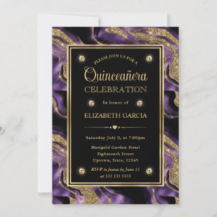 Elegant Purple & Gold Glitter Agate Quinceanera Invitation