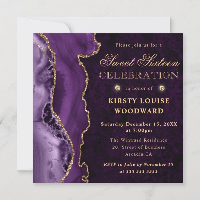 Elegant Purple Gold Glitter Agate Sweet Sixteen Invitation (Front)