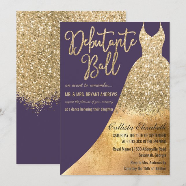 Elegant Purple Gold Glitter Dress Debutante Dance Invitation (Front/Back)