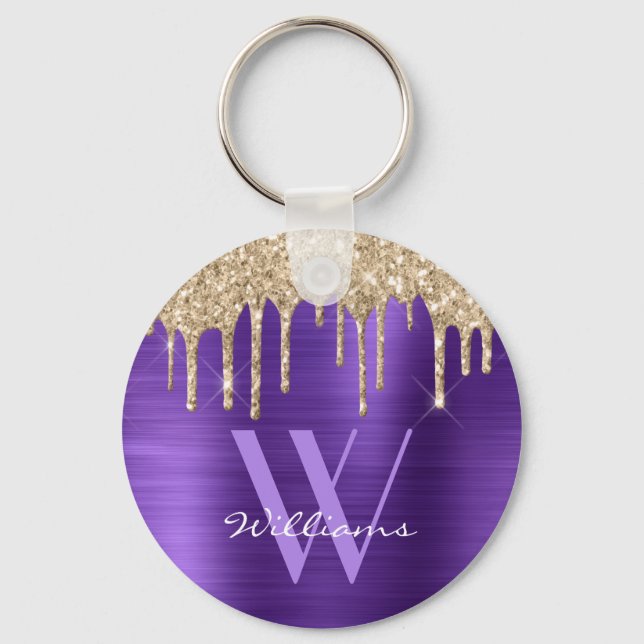 Elegant Purple Gold Glitter Drips Monogram Name Key Ring (Front)