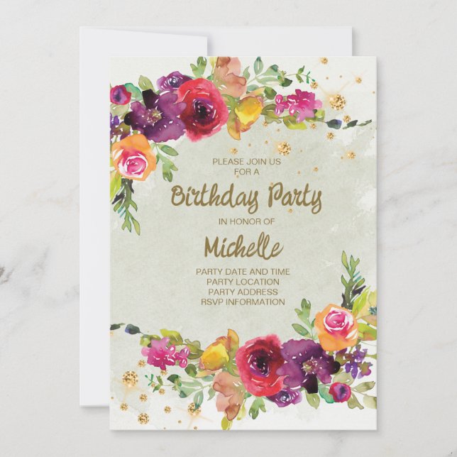Elegant Purple Gold Glitter Floral Birthday Invitation (Front)