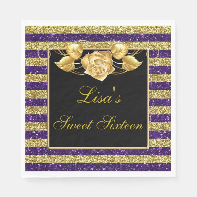 Elegant Purple Gold Glitter Gold Rose Sweet 16 Napkin (Front)