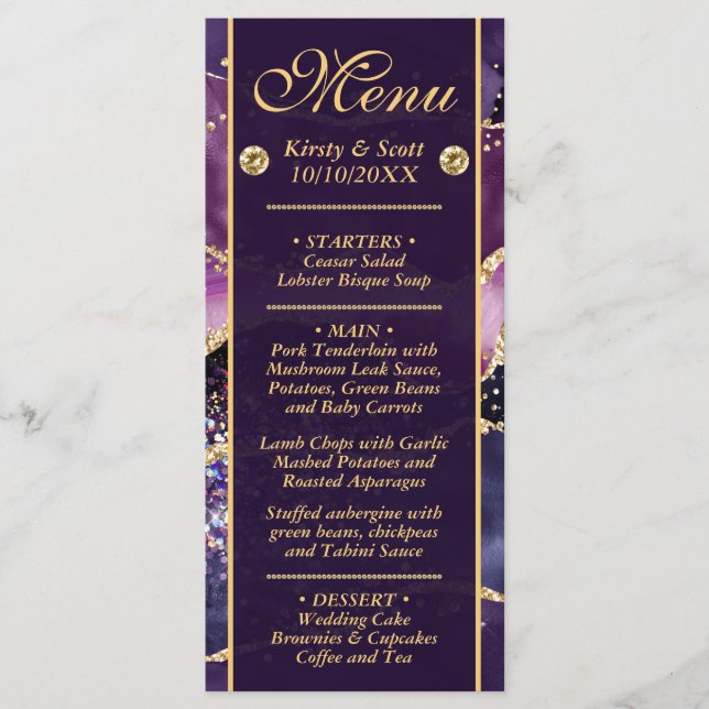 Elegant Purple Gold Glitter Marble Agate Wedding Menu (Front)