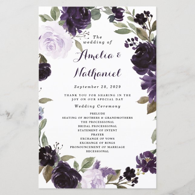 Elegant Purple Gold Green Floral Wedding Programs (Front)