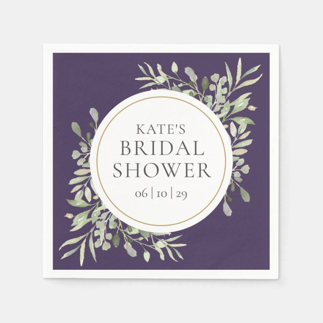 Elegant Purple Gold Greenery Bridal Shower Napkin (Front)