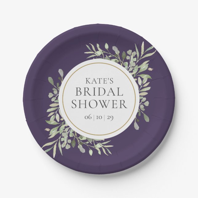 Elegant Purple Gold Greenery Bridal Shower Paper Plate (Front)