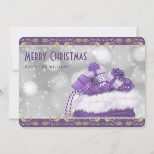 Elegant Purple Gold Holly Christmas Presents Holiday Card