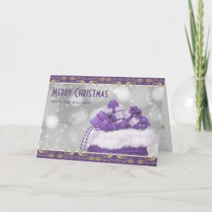 Elegant Purple Gold Holly Christmas Presents Holiday Card