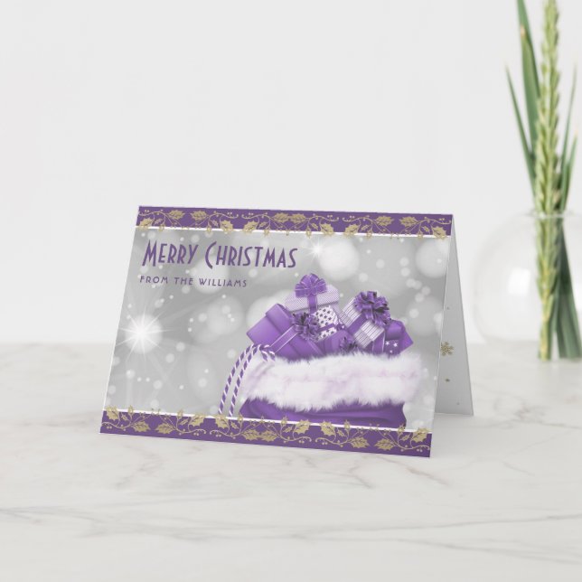 Elegant Purple Gold Holly Christmas Presents Holiday Card (Front)