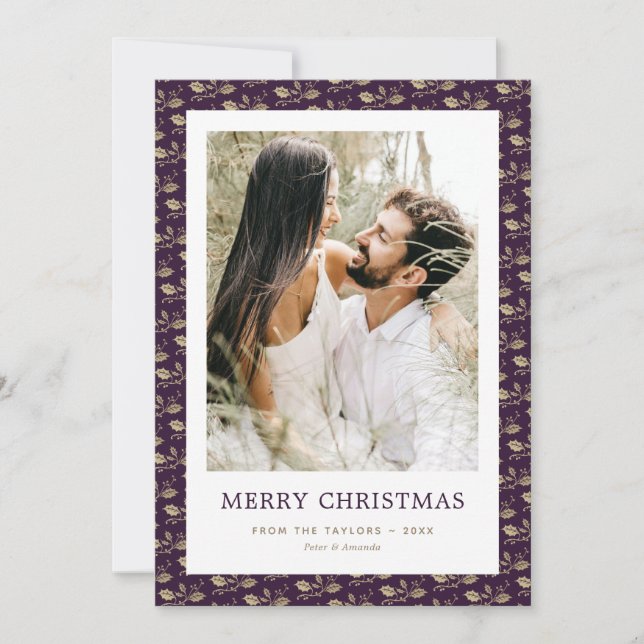 Elegant Purple Gold Holly Photo Merry Christmas Holiday Card (Front)