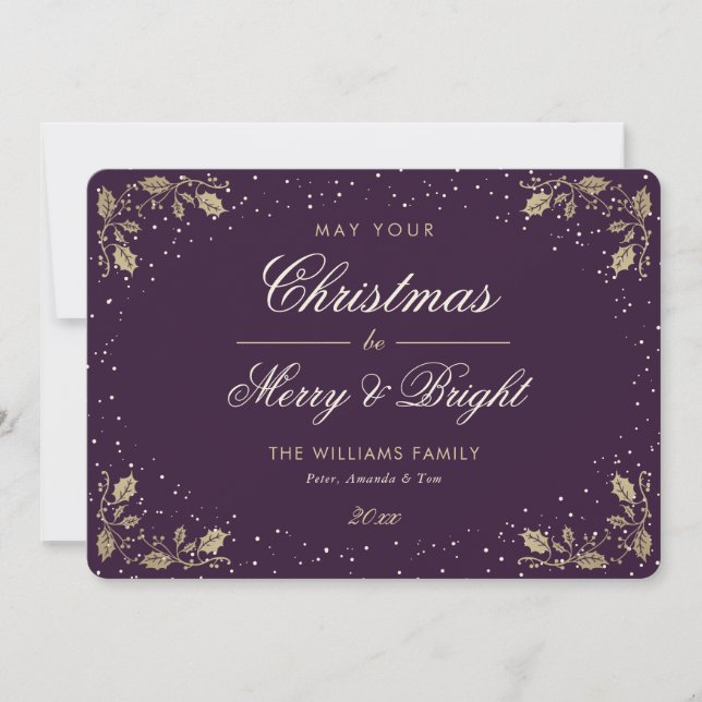 Elegant Purple Gold Holly Snow Holiday Card (Front)