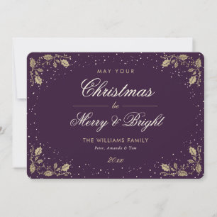 Elegant Purple Gold Holly Snow Holiday Card