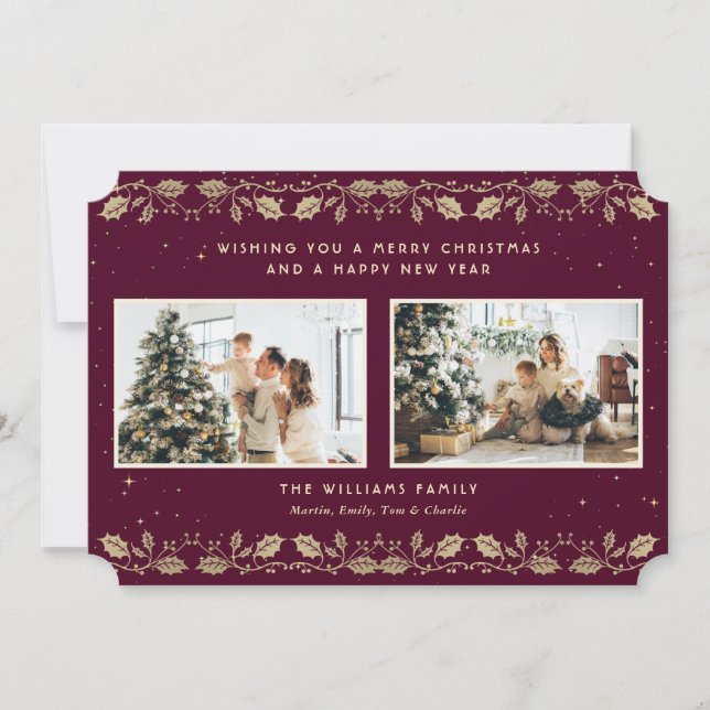 Elegant Purple Gold Holly Stars Photo Holiday Card (Front)