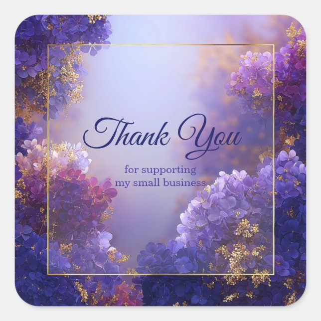 Elegant Purple Gold Hydrangea Sparkle Floral Square Sticker (Front)