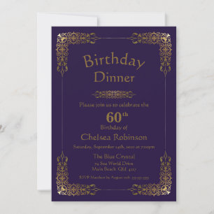 Elegant Purple Gold Lace 60th Birthday Dinner Invitation